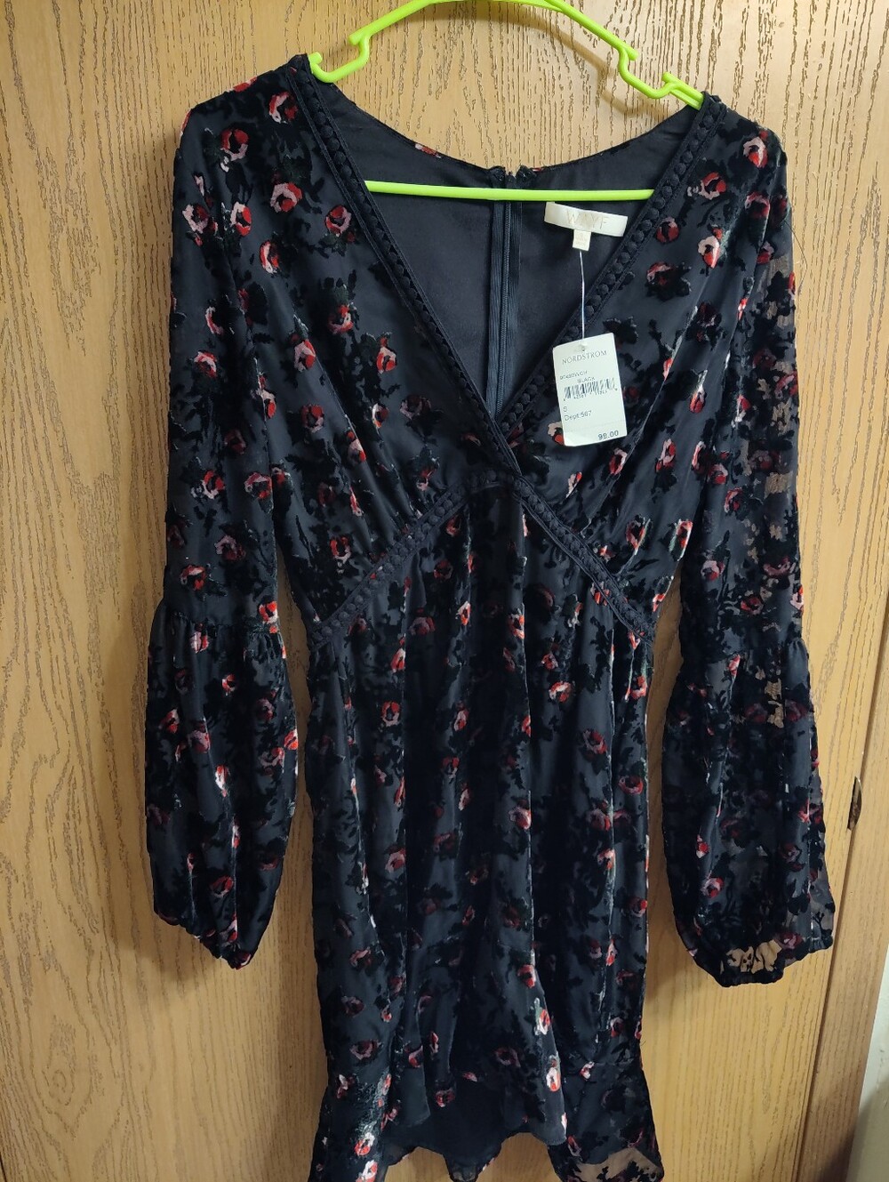 Wayf Black Velvet Floral Wrap Long Sleeve Dress with Red Accents